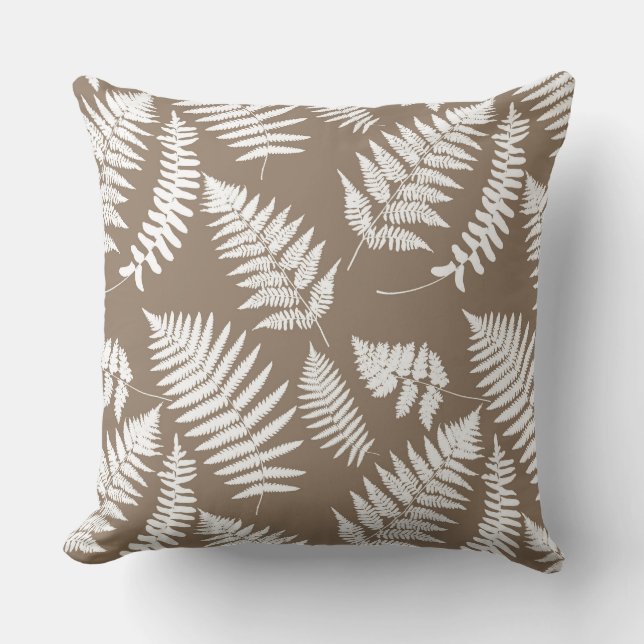 Woodland Fern Pattern, Taupe Tan en White Kussen (Voorkant)
