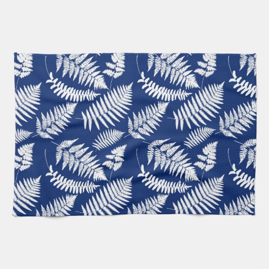 Woodland Fern Pattern, White on Cobalt Blue Theedoek (Horizontaal)