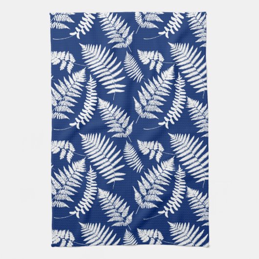 Woodland Fern Pattern, White on Cobalt Blue Theedoek (Verticaal)