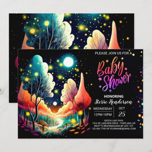 Woodland Fireflies Dreamy Night Baby shower Kaart (Voorkant / Achterkant)