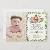 Woodland First 1st Birthday Party Forest Animals Kaart (Voorkant)