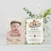 Woodland First 1st Birthday Party Forest Animals Kaart (Staand voorkant)