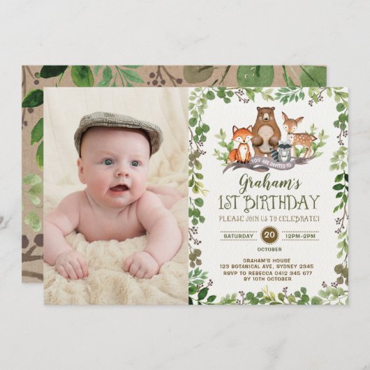 Woodland First 1st Birthday Party Forest Animals Kaart (Voorkant / Achterkant)