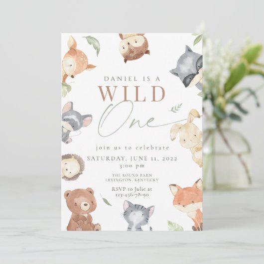 Woodland First Birthday, Forest Animimal, wild één Kaart (Staand voorkant)