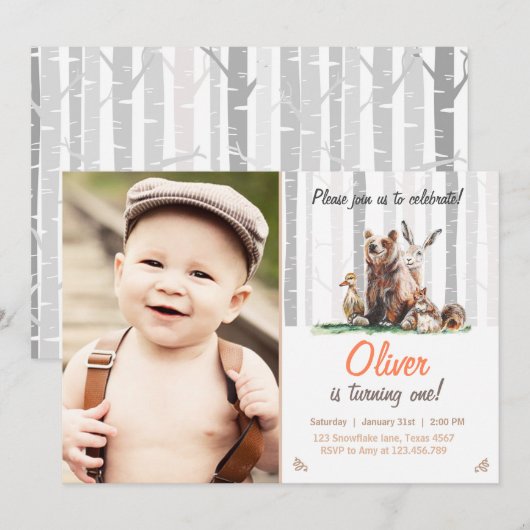 Woodland First Birthday Invitation Bos dieren Kaart (Voorkant / Achterkant)