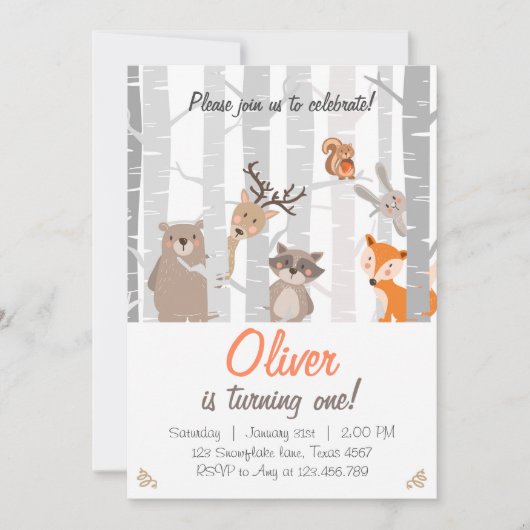 Woodland First Birthday Invitation Bos Dieren Kaart (Voorkant)