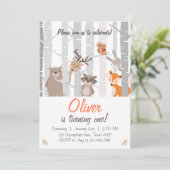 Woodland First Birthday Invitation Bos Dieren Kaart (Staand voorkant)