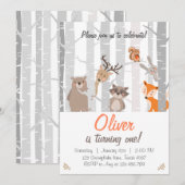 Woodland First Birthday Invitation Bos Dieren Kaart (Voorkant / Achterkant)