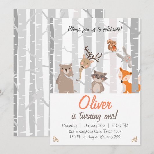Woodland First Birthday Invitation Bos Dieren Kaart (Voorkant / Achterkant)