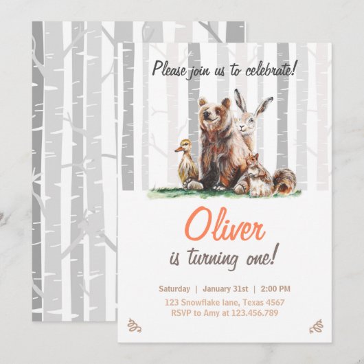 Woodland First Birthday Invitation Forest Animals Kaart (Voorkant / Achterkant)