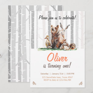 Woodland First Birthday Invitation Forest Animals Kaart