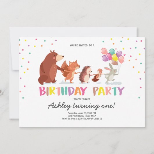 Woodland First Birthday Invitation Forest Animals Kaart (Voorkant)