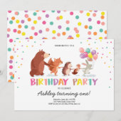 Woodland First Birthday Invitation Forest Animals Kaart (Voorkant / Achterkant)