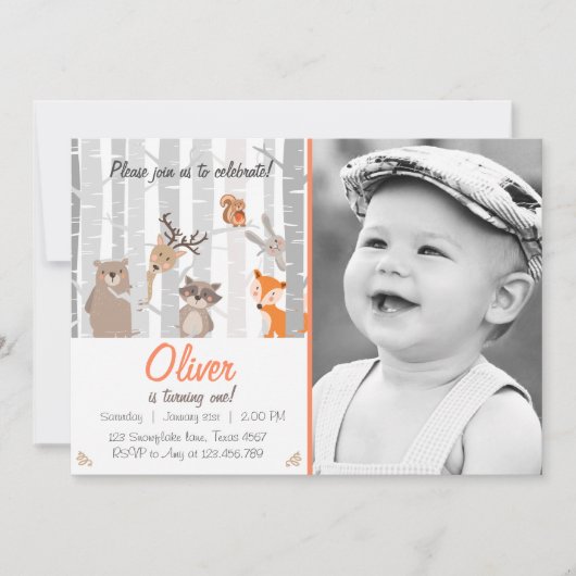 Woodland First Birthday Invitation Forest Animals Kaart (Voorkant)