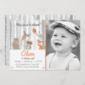 Woodland First Birthday Invitation Forest Animals Kaart (Voorkant / Achterkant)