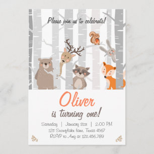 Woodland First Birthday Invitation Forest Animals Kaart
