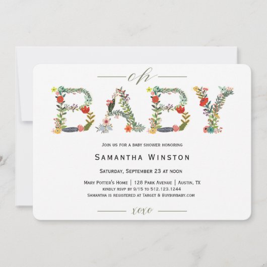 Woodland Floral Alphabet Baby shower Invitation Kaart (Voorkant)