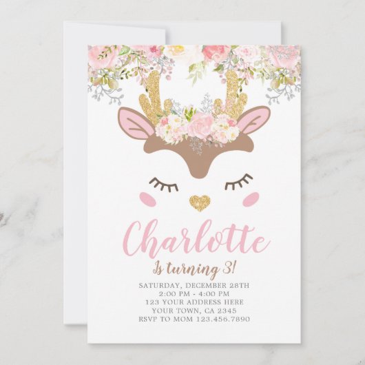 Woodland, Floral Deer Verjaardag Kaart (Voorkant)
