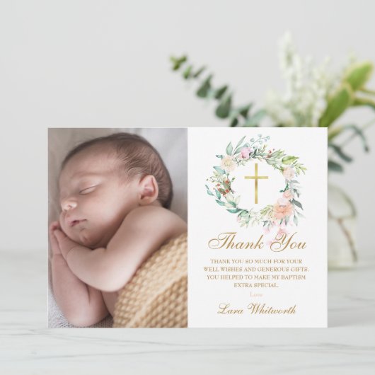 Woodland Floral Garland Baptism, kerstfoto Bedankkaart (Staand voorkant)