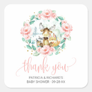 Woodland Floral Greenery Baby shower Dank u Vierkante Sticker