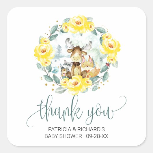 Woodland Floral Greenery Baby shower Dank u Vierkante Sticker (Voorkant)