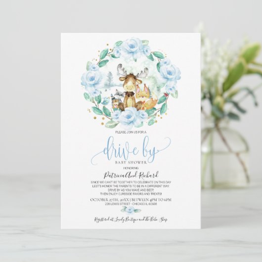 Woodland Floral Greenery Drive bij Baby shower Kaart (Staand voorkant)