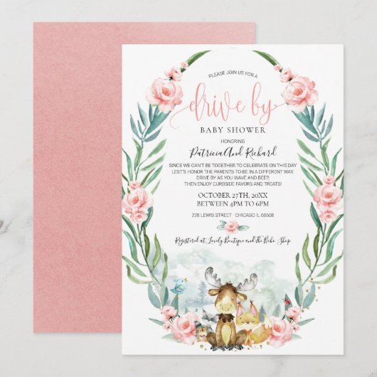Woodland Floral Greenery Drive bij Baby shower Kaart (Voorkant / Achterkant)