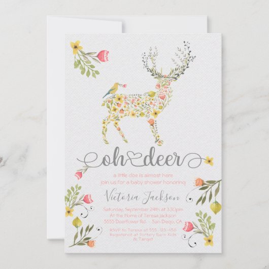Woodland Floral Oh Deer Baby shower Uitnodiging (Voorkant)