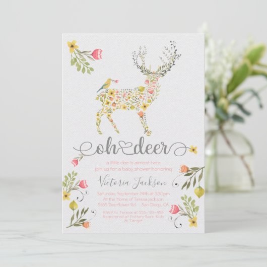 Woodland Floral Oh Deer Baby shower Uitnodiging (Staand voorkant)