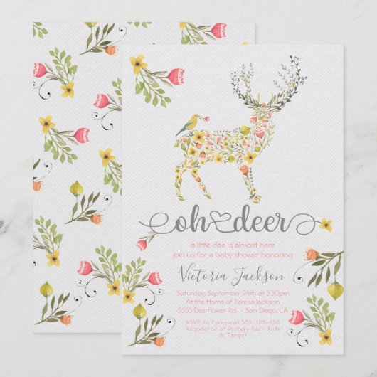Woodland Floral Oh Deer Baby shower Uitnodiging (Voorkant / Achterkant)