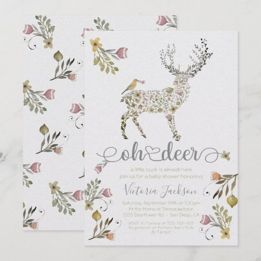 Woodland Floral Oh Deer Baby shower Uitnodiging (Voorkant / Achterkant)