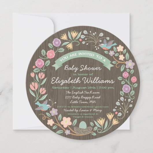 Woodland Floral Wreath Baby shower Invitation II Kaart (Voorkant)