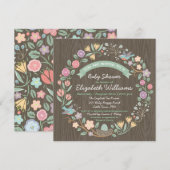 Woodland Floral Wreath Baby shower Invitation II Kaart (Voorkant / Achterkant)