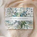 Woodland Foliage | Wijziging van de adressenaankon Briefkaart<br><div class="desc">Deze trendy botanische nieuwe adresbladen hebben groene,  blauwe en grijze waterverf bladeren en eucalyptusbladeren met faux goudaccenten.</div>