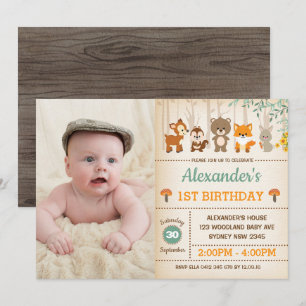 Woodland Forest 1st Birthday Baby Animals Party Kaart