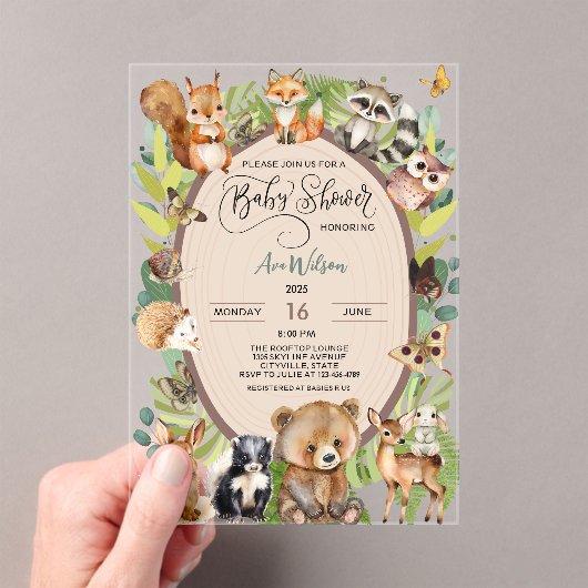 Woodland Forest Animal Baby shower Rustic Greenery Acryl Uitnodigingen (Insitu (Draagbaar))