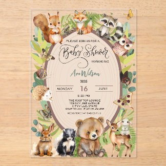 Woodland Forest Animal Baby shower Rustic Greenery Acryl Uitnodigingen