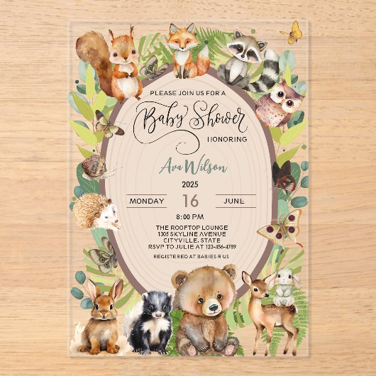 Woodland Forest Animal Baby shower Rustic Greenery Acryl Uitnodigingen (Voorkant)