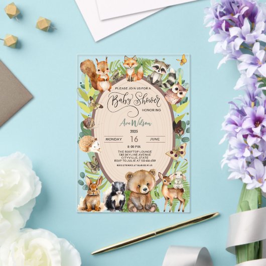 Woodland Forest Animal Baby shower Rustic Greenery Acryl Uitnodigingen (Insitu (Huwelijk))
