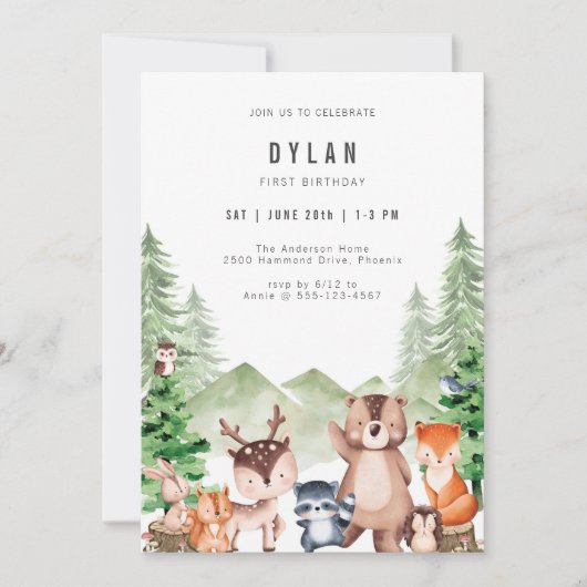 Woodland Forest Animal Boy Birthday Invitation Kaart (Voorkant)
