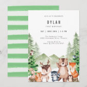 Woodland Forest Animal Boy Birthday Invitation Kaart (Voorkant / Achterkant)