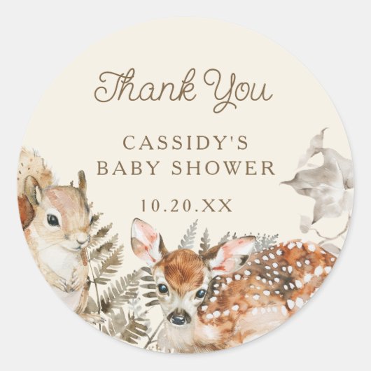 Woodland Forest Animals Baby shower Hartelijk dank Ronde Sticker (Voorkant)