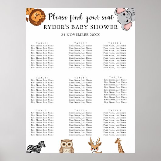 Woodland Forest Animals Baby Shower Seating Charts Poster (Voorkant)