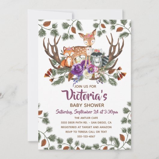 Woodland Forest Animals Baby Shower uitnodigingen (Voorkant)