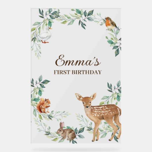 Woodland Forest Animals eerste verjaardag uitnodig Acryl Bord (Voorkant)