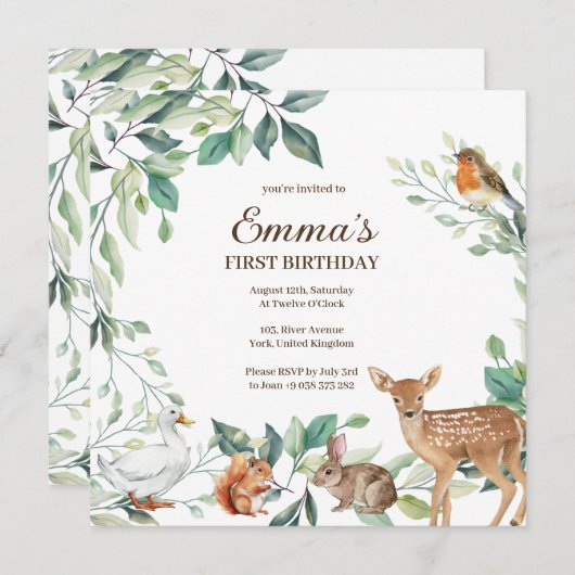 Woodland Forest Animals eerste verjaardag uitnodig Kaart (Voorkant / Achterkant)