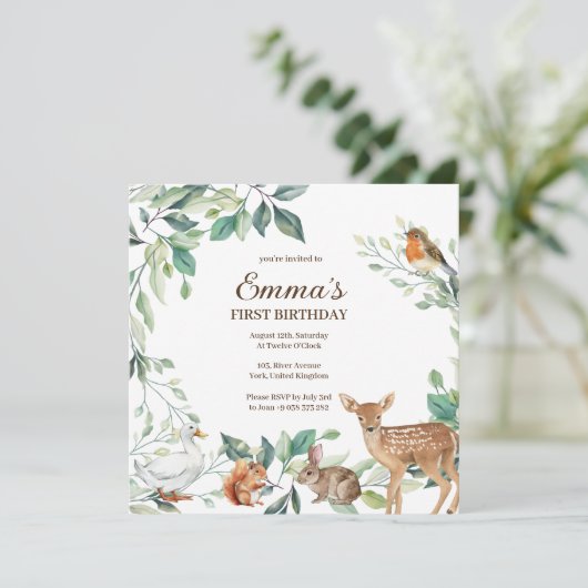 Woodland Forest Animals eerste verjaardag uitnodig Kaart (Staand voorkant)