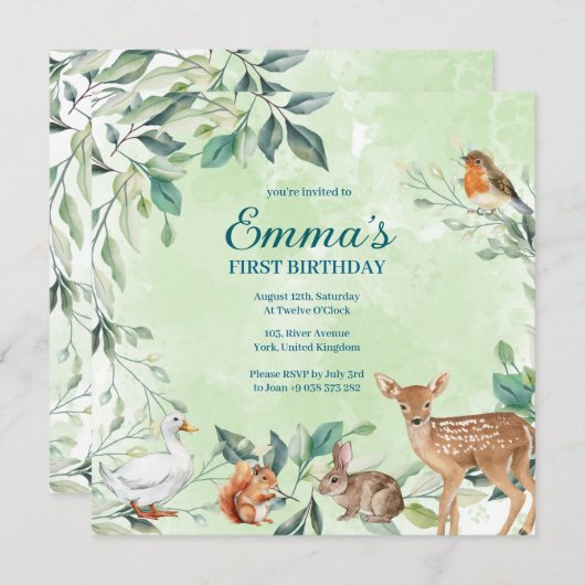 Woodland Forest Animals eerste verjaardag uitnodig Kaart (Voorkant / Achterkant)