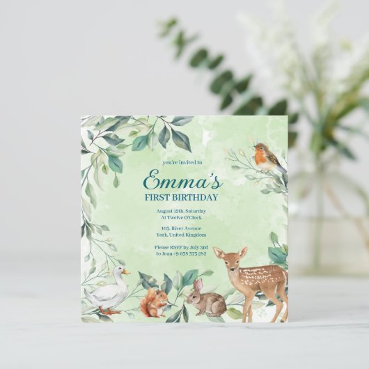 Woodland Forest Animals eerste verjaardag uitnodig Kaart (Staand voorkant)