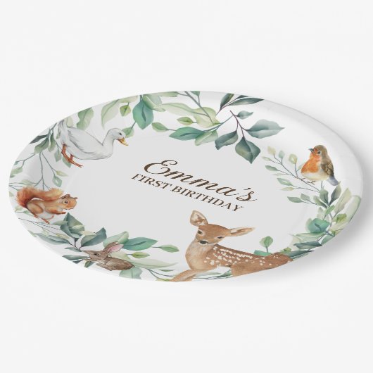 Woodland Forest Animals eerste verjaardag uitnodig Papieren Bordje (Gekanteld)